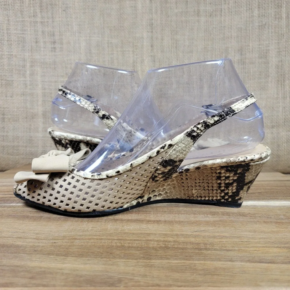 Sesto Meucci Wedge Sandals Snakeskin Print Perforated Bow Slingback Women's 7.5